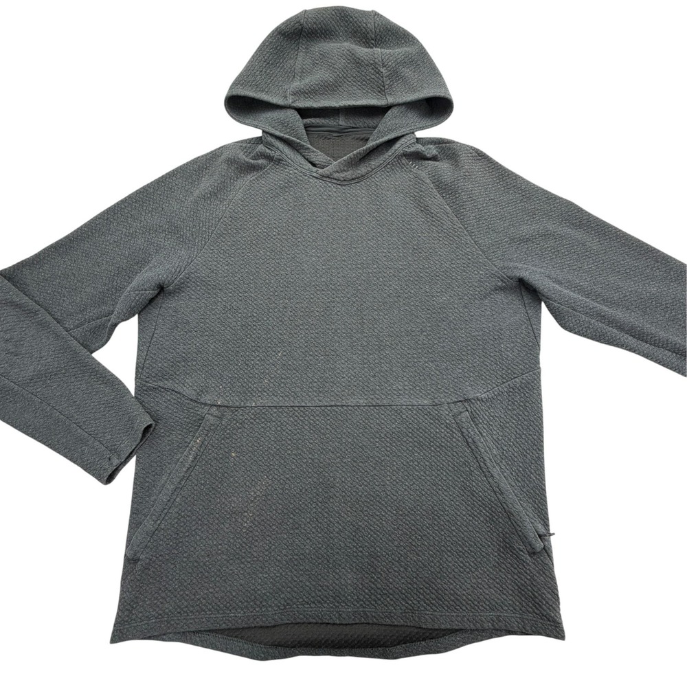 Lululemon Hoodie Mens M Gray Textured Knit Pullover Hooded Pockets Logo Athletic